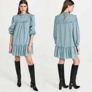 NWT RIXO Elena Rufled Mini Dress Green Black Seersucker